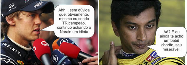 Fórmula 1 comédia: Charge de Vettel e Karthekeyan trocando ideia